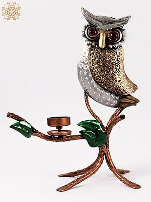 14'' Red-Eyed Cutwork Owl Candle Stand | Iron | Home Decor