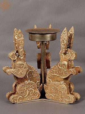 8" Wood and Iron Rabbits Design Candle Holder | Home Décor