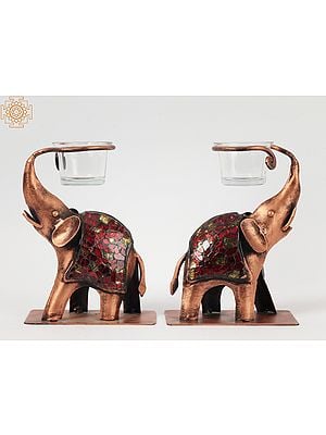 Set of Elephant Candle Stand With Inlay Work | Iron and Glass | Home Decor