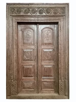 101" Large Wooden Carved Double Door with Frame | Vintage Indian Door