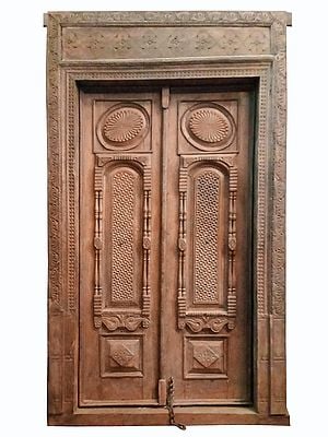 98" Large Wooden Carved Entrance Door from Rajasthan | Vintage Indian Door
