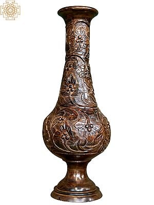 28'' Teak Wood Vase with Flowers Engraved | Wooden Handicrafts