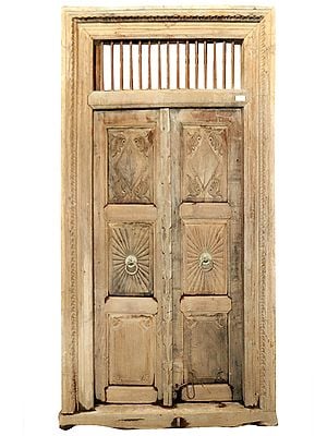 90" Large Wooden Jodhpur Front Door with Ventilation Frame | Vintage Indian Door