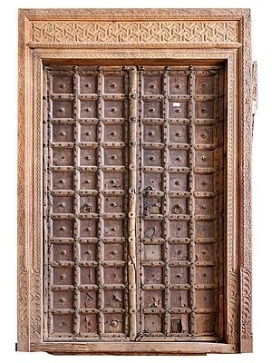 109" Large Wooden Carved Rajasthani Gate with Frame | Vintage Indian Door