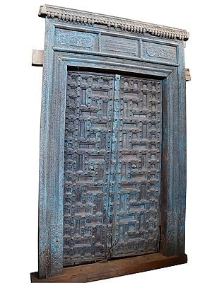 100'' Large Maze Design Old Wooden Door With Traditional Lock | Vintage Doors From Rajsthan