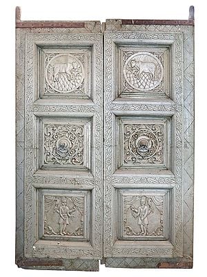53'' Large Old Wooden Door With Carved God and Cows | Vintage Doors From Rajsthan