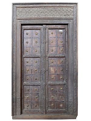 95" Large Wooden Carved Vintage Indian Door with Brass Work