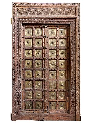 97" Large Wooden Carved Square Design Door with Brass Work | Vintage Indian Door