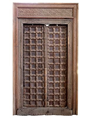 93" Large Wooden Square Design Entrance Door with Frame | Vintage Indian Door