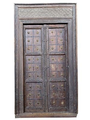 89" Large Wooden Old Door with Brass Work | Vintage Indian Door