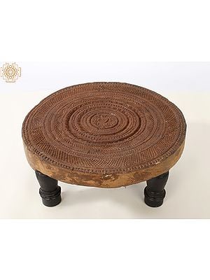 11" Wooden Carved Round Puja Chowki
