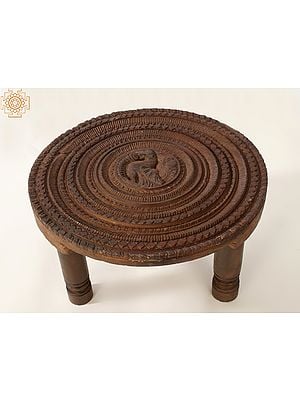 10" Fine Wooden Carved Peacock Design Round Puja Chowki
