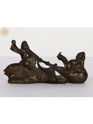 Two Laughing Buddha Seated On Koi Fish | Bronze Statue