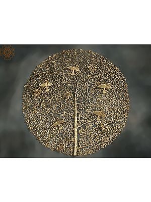 35" Large Round Shape Tree of Life with Chirping Birds in Brass | Wall Decor