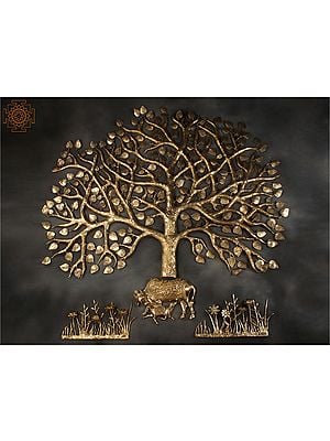 72" Super Large Brass Tree of Life with Cow and Calf and Flower Buds | Set of Four | Wall Decor