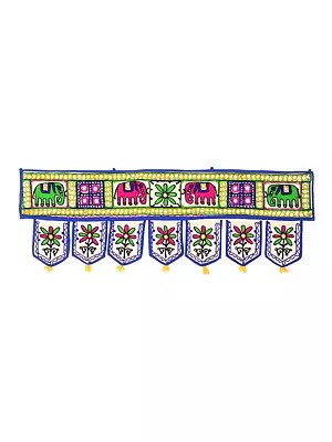 Ivory Auspicious Toran for the Doorstep with Embroidered Elephants and Mirrors