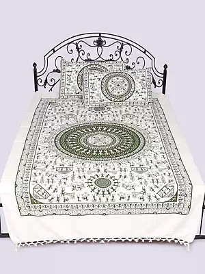 Lucent-White Single-Bed Bedspread with Pillow Cases and Printed Folk Figures Inspired By Warli Art