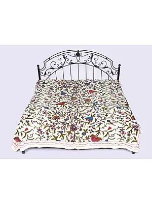 Ivory Bedspread from Kashmir with Ari-Embroidered Flowers in Multicolor Thread