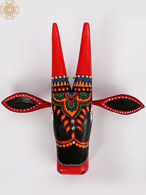 11" Wooden Decorated Black and Red Color Cow Head | Wall Hanging