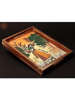 12" Wooden Tray with Village Lady and Deer Painting