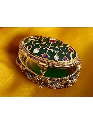 Green Stone Sindoor Box with Elephant Carving