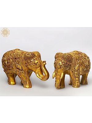 13" Pair of Decorated Elephant in Brass