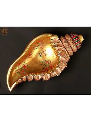18'' Beautiful Carvings On Painted Conch Urli | Home Décor | Made In India