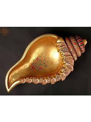 22'' Textured Carvings On Painted Conch Shell Urli | Home Décor | Made In India