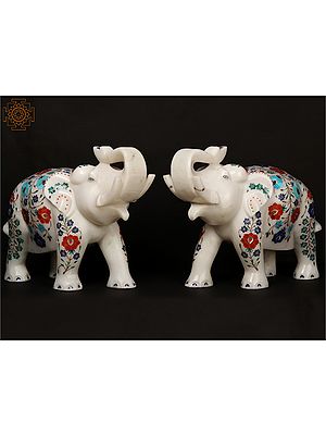 16'' Pair of Elephant With Inlay Work On Marble | Home Décor | Made In India