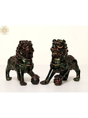 4" Small Pair of Chinese Guardian Lions in Brass