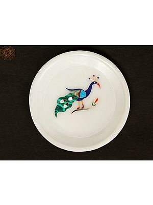 4" Small Peacock Design Round Plate in Marble with Inlay Work