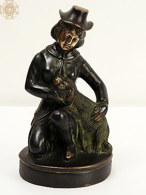A Hat Girl Loving Her Pet Dog | Brass Statue | Home Decor
