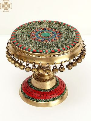 9" Designer Pedestal with Dangling Ghungroos | Brass with Inlay Work