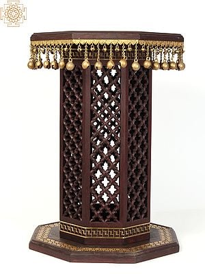 26" Octagonal Shape Designer Pedestal with Dangling Ghungroos | Wood and Brass