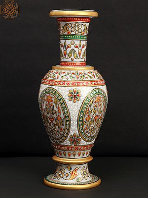 12" Designer Flower Vase in Marble with Stone Work