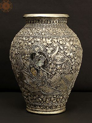 9" Radha Krishna Embossed Designer Marble Pot with Silver Intricate Work