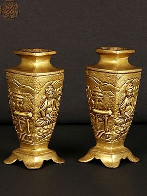 4" Small Decorative Pair of Vase with Buddha Carving