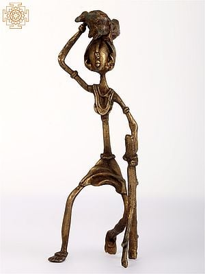 8" Tribal Old Woman Carrying Wood on Her Head | Original Bronze Statue