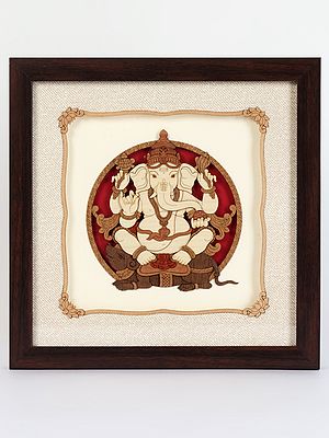 Lord Ganeshan on Mushak Wood Art with Frame | Wall Hanging Decor