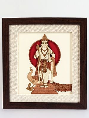 Lord Murugan With Peacock And Snake Wood Art | With Frame | Wall Hanging