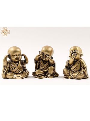 5" Small Set of 3 Wise Monks Baby Buddha Statues in Brass | Home Décor