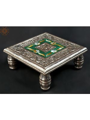 10" Designer Chowki | .999 Silver Cladding on Wood with Malachite and MOP Inlay