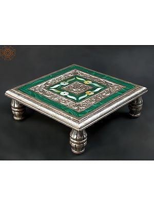 12" Designer Pedestal (Chowki) | .999 Silver Cladding on Wood with Malachite and MOP Inlay