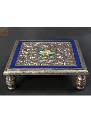 14" Designer Square Shape Chowki/Pedestal | .999 Silver Cladding on Wood with Malachite and MOP Inlay