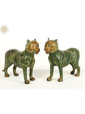 9" Brass Decorative Tiger Pair Figurine | Home Decor