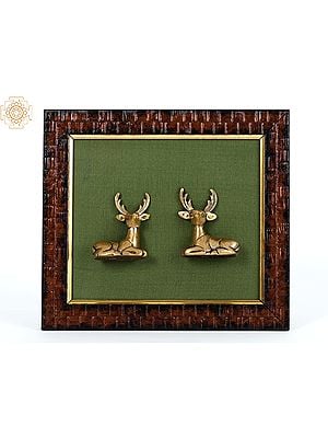 9" Wooden Framed Pair of Cute Deers in Brass | Wall Hanging