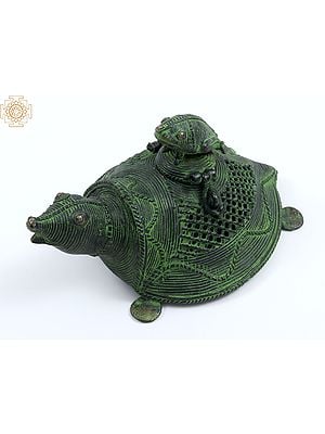 7" Brass Tribal Turtle with Frog | Home Decor