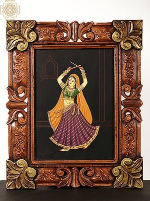 Beautiful Woman Playing Dandiya Painting with Wooden Frame