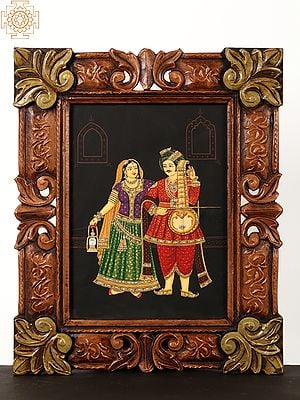 Rajasthani Couple with Sitar and Lamp | Wall Hanging Painting