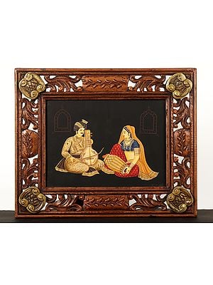 Traditional Rajasthani Couple Playing Instrument Painting with Wooden Frame